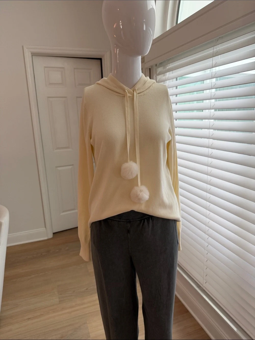 Belle by Kim Gravel Cream Pullover Hoodie Sweater /Faux Fur Pom poms